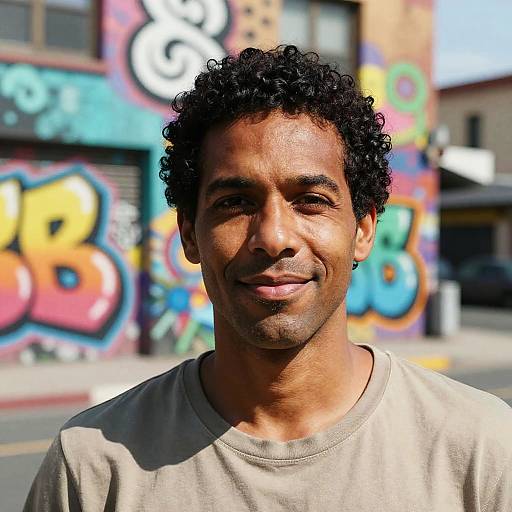 Photograph of a smiling Black man with curly hair, wearing a beige shirt, in front of colorful graffiti-covered urban buildings.