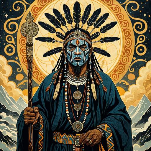 Ethereal Shaman with Spirits in Clouds