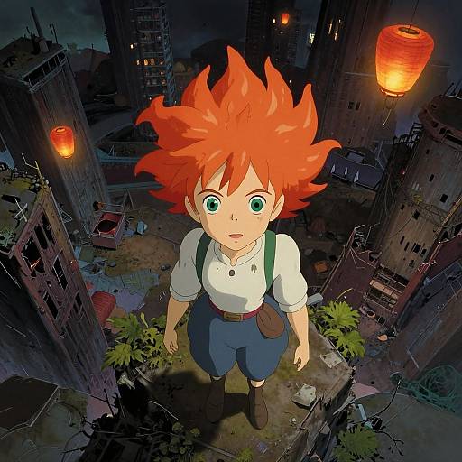 Digital anime-style drawing of a red-haired boy with spiky hair, wearing a white shirt and blue pants, standing on a rooftop at night, surrounded