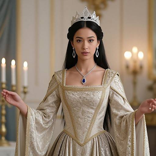 Photograph of a beautiful princess with long black hair, wearing a silver tiara, diamond earrings, and a gold-embroidered gown, standing