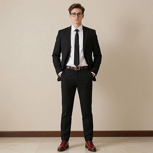 Photograph of a young man in a black suit, white shirt, black tie, brown leather shoes, and black glasses, standing against a plain white