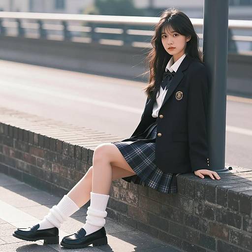 Asian Woman in School Uniform Sitting on Brick Wall