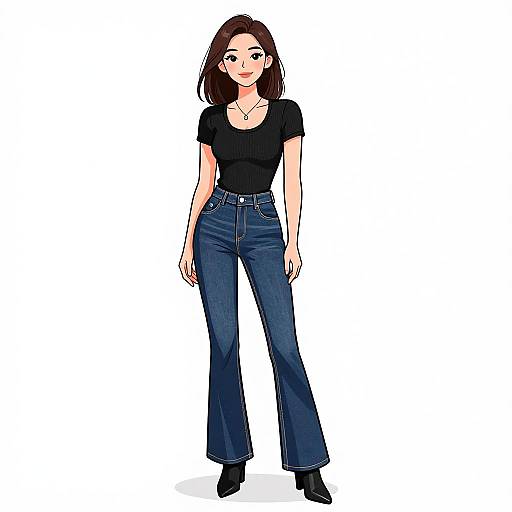 Digital illustration of a cute, young woman with shoulder-length brown hair, wearing a black t-shirt, blue high-waisted jeans, and black ankle