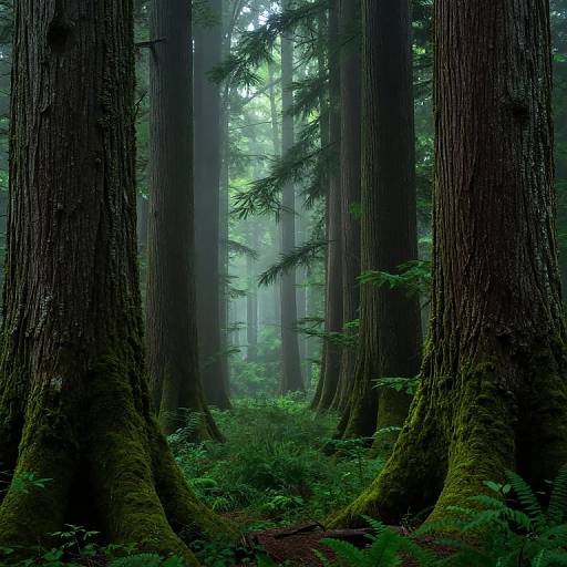 Photograph of a misty redwood forest with towering, moss-covered trees, lush green underbrush, and soft, diffused light filtering through the
