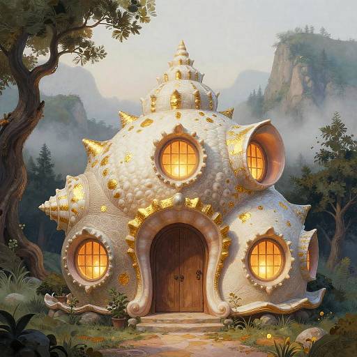 Whimsical, fairy-tale cottage with white, spiky, gem-studded exterior, glowing orange windows, wooden door, nestled in misty