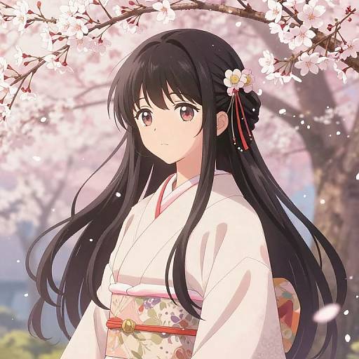 Anime Girl in Kimono Under Cherry Blossoms