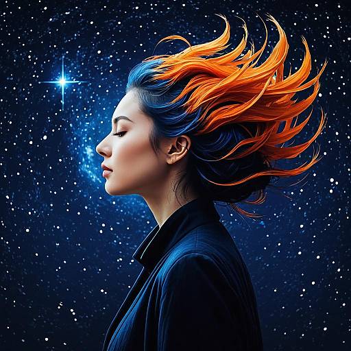 Woman with Fiery Phoenix Hairstyle Against Starry Sky