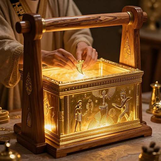 Photograph of hands illuminating a golden, intricately carved, wood-framed lamp with ancient Egyptian scenes, surrounded by lit candles.