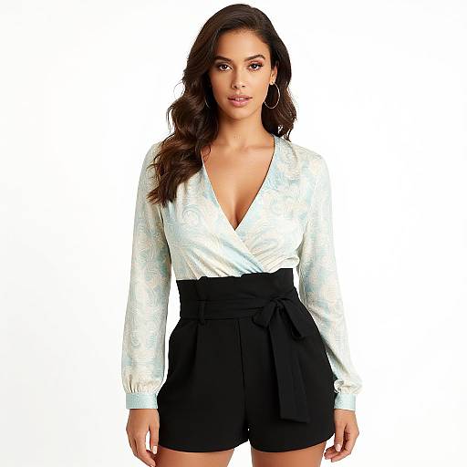 Photograph of a young woman with long, wavy dark hair, wearing a white, V-neck, long-sleeve blouse and black, high