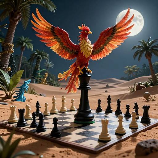 Digital artwork of a fiery, red-orange phoenix with outstretched wings perched on a black chess piece, commanding a desert chessboard under a full