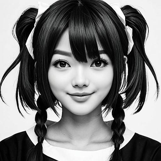 Portrait of Young Asian Woman with Twin Braids