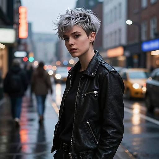 Photograph of a androgynous person with short, silver-gray hair, wearing a black leather jacket, standing on a rainy city street at dusk