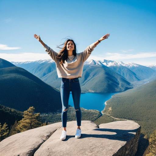 Young woman on mountain rock with arms outstretched