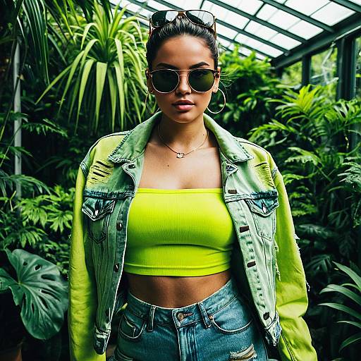 Woman in Neon Green Tube Top and Distressed Denim Jacket
