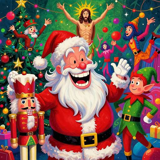 Colorful Christmas illustration: Santa Claus, smiling, waving, with elves, nutcrackers, and Jesus above, decorated tree, presents, and festive