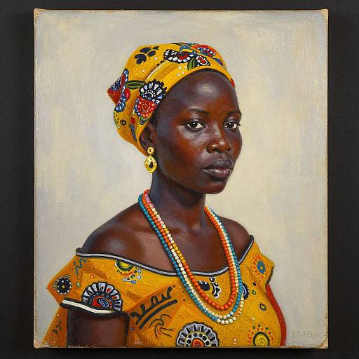 Vivid portrait of a dark-skinned African woman in a yellow, floral-patterned dress and headscarf, adorned with colorful beaded necklaces
