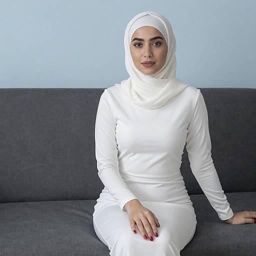 Young Woman in White Hijab Sitting