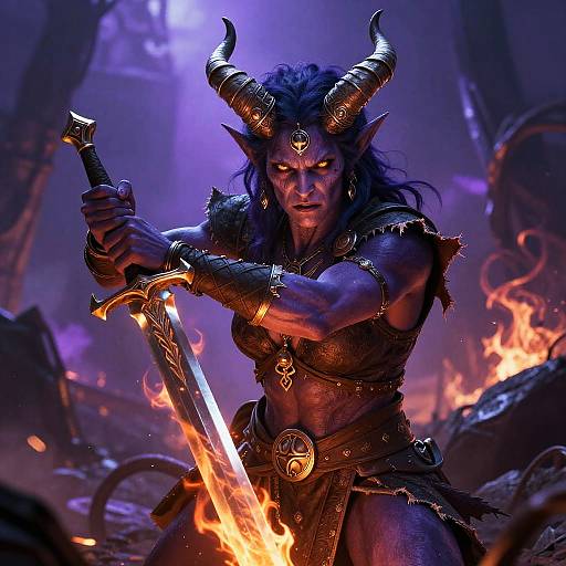 Fierce Tiefling Warrior with Flaming Sword