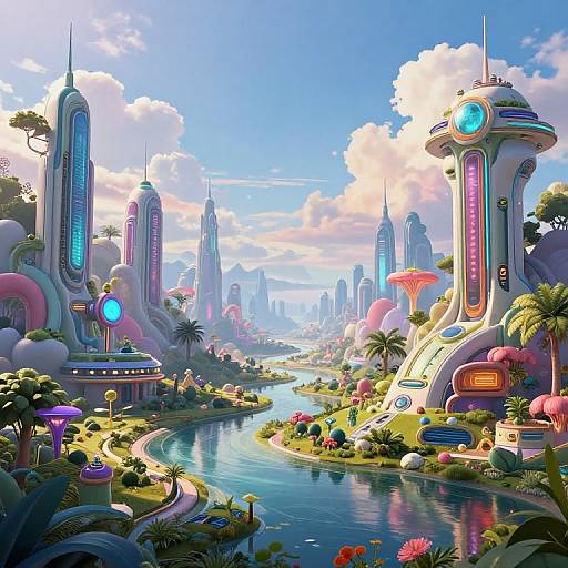 Vibrant digital artwork of a futuristic, neon-lit cityscape with towering, glowing structures, winding river, lush greenery, and colorful flowers