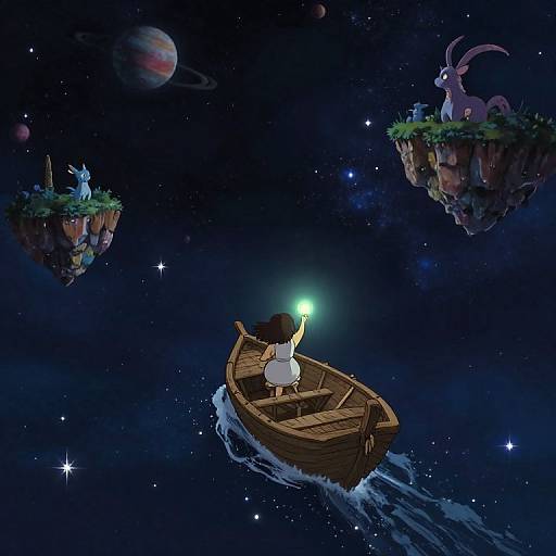 Fantasy illustration: Wooden boat with girl holding glowing orb, sailing through starry night sky, approaching floating islands with creatures.