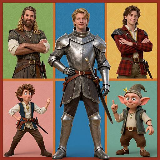 Photograph collage of five CGI characters: one adult knight in armor, one bearded man in medieval clothing, one young man in red plaid,