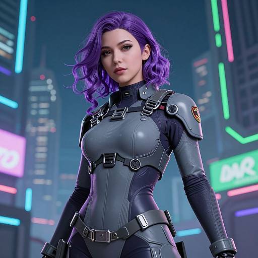 CGI image of a confident woman with purple hair, wearing a black, form-fitting, tactical suit, standing in a neon-lit, futuristic