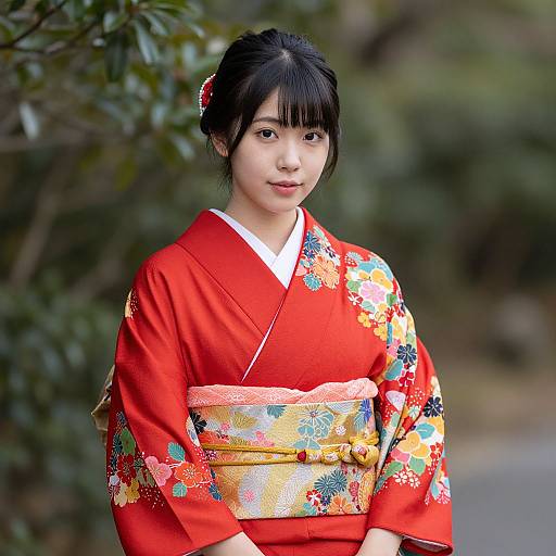 Young Japanese Woman in Red Kimono