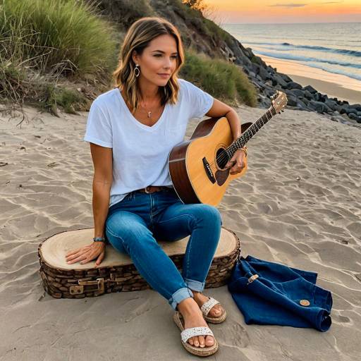 Woman with Guitar Sitting on Beach at Sunset