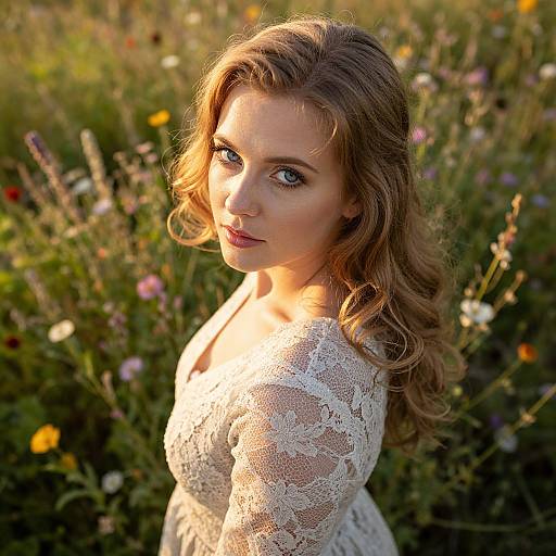 Photograph of a blonde woman with blue eyes, wearing a white lace dress, standing in a sunlit, colorful meadow. Her wavy hair