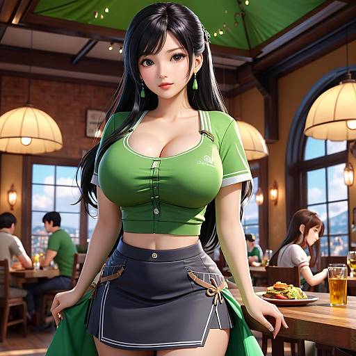 Digital anime-style drawing of a beautiful, busty Asian woman with long black hair, wearing a green crop top and blue skirt, standing in a cozy,