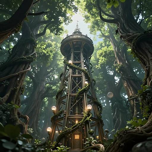 Fantasy Tower Among Ancient Trees