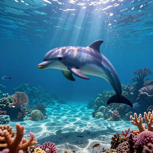Photograph of a sleek, gray bottlenose dolphin swimming gracefully in a vibrant, sunlit coral reef underwater, surrounded by colorful corals and marine