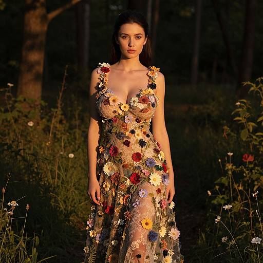Photograph of a young woman with dark hair standing in a forest, wearing a floor-length dress adorned with colorful flowers and foliage, illuminated by warm sunset