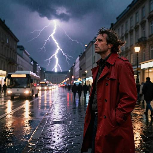 Photograph of a man in a red coat standing on a wet, rain-soaked street at night, with bright lightning illuminating a stormy,