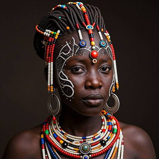 Photograph of a dark-skinned woman with intricate beaded hair and body jewelry, adorned with colorful beads and white facial patterns, against a black background