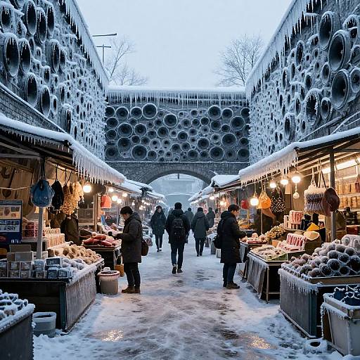 Photograph of a snowy, icicle-covered market aisle with illuminated stalls, people in winter coats, and a frozen archway in the background.