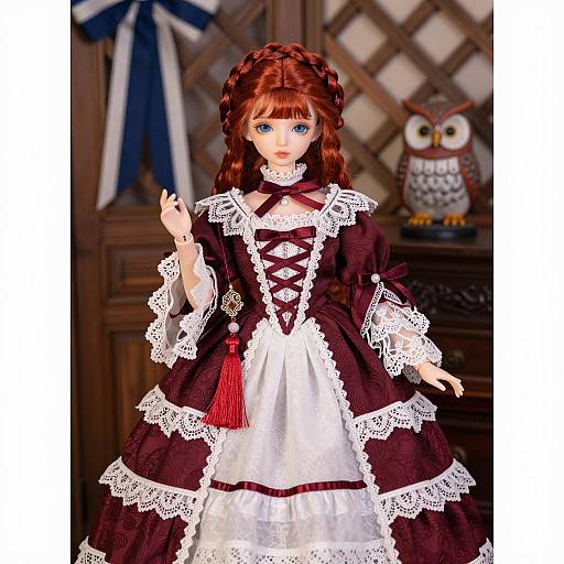 Victorian-Style Doll in Maroon Dress
