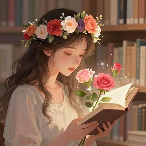 Digital painting of a fair-skinned, long-haired girl wearing a floral crown, reading a book with glowing roses in a library.