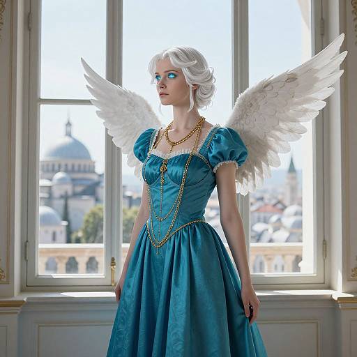 Digital artwork of a fair-skinned, blue-eyed woman with white wings, wearing a blue satin gown and gold necklace, standing in a sunlit,