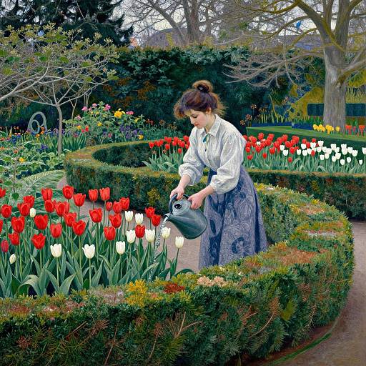 Photograph of a woman with brown hair in a bun, white blouse, and blue floral skirt, watering red and white tulips in a lush,