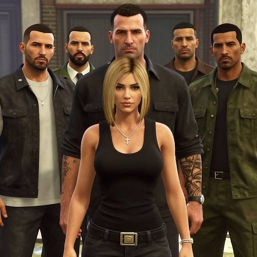CGI image of a blonde woman in a black tank top and jeans, flanked by five serious, muscular men in dark clothing.