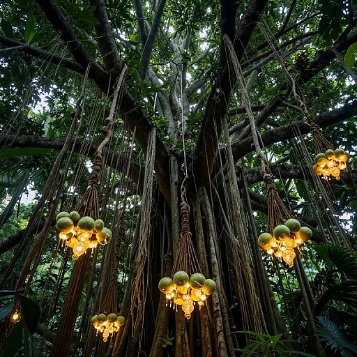 Photograph of a towering, ancient tree with thick, dark brown branches, adorned with glowing, yellow spherical lanterns hanging from long, thin vines in