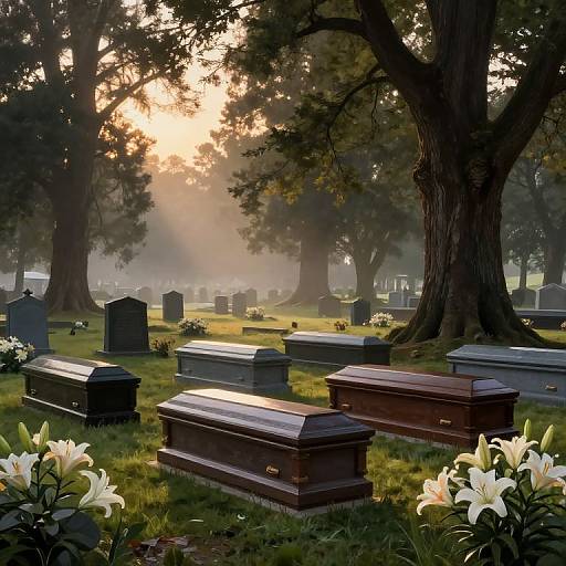 Photograph of a serene cemetery at sunrise, featuring wooden and stone coffins, tall trees, white lilies, and sunlight filtering through fog.