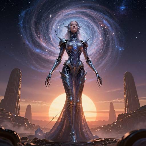 Digital artwork of a celestial, armored woman with glowing blue aura, standing in a futuristic, sunset-lit landscape with towering structures.