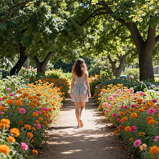 Photograph of a woman with curly brown hair, wearing a white floral dress, walking down a sunlit garden path lined with vibrant orange, pink,