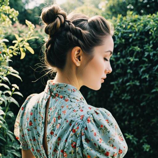 Woman with Braided Bun in Vintage Floral Dress Woman with Braided Bun in Vintage Floral Dress