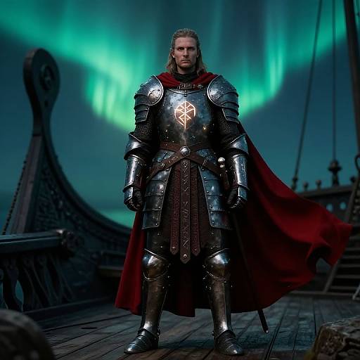 Photograph of a blonde man in medieval Viking armor with a red cape, standing on a wooden ship deck under green aurora lights.