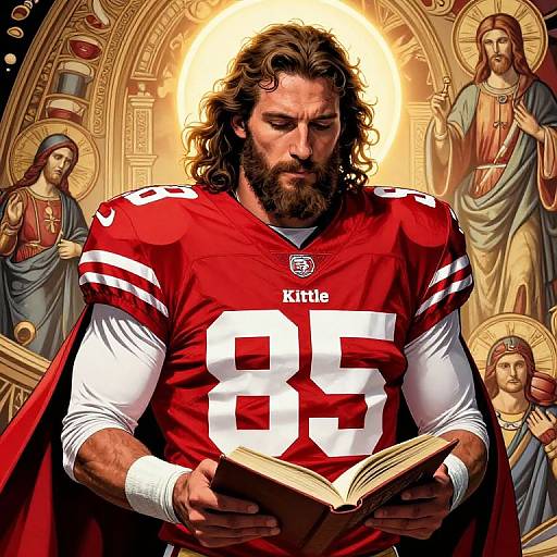 Digital art of bearded, muscular Jesus in red NFL jersey (#85), reading, haloed, surrounded by biblical figures, golden background.