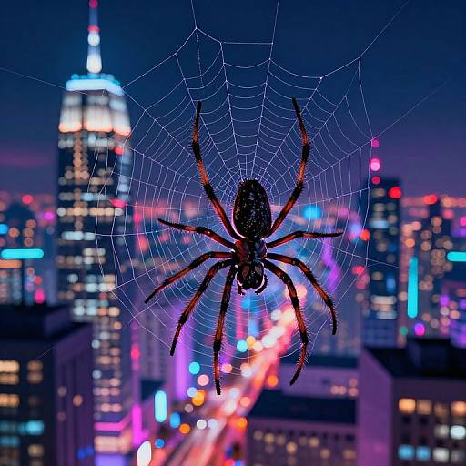 Neon Spider Weaving Cosmic Cityscape