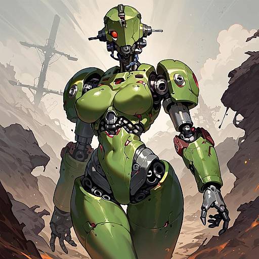Green Humanoid Female Robot in Post-Apocalyptic Setting